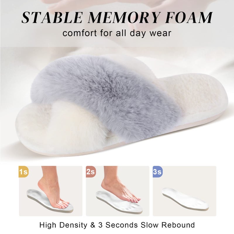 Parlovable Women's Fuzzy Slippers Comfy Cross Band House Shoes Memory Foam Open Toe Indoor Gifts for Ladies White/Grey 7-8 - Image 4